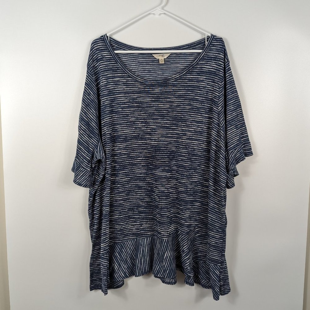 Terra & Sky Blue White Stripe Short Sleeve Shirt with Ruffle Hem